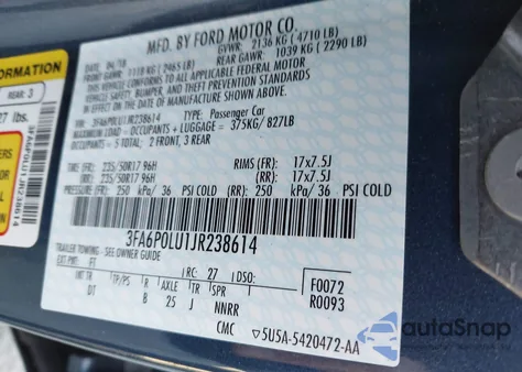 2018 Ford Fusion Hybrid Se z USA, uszkodzony, nr VIN 3FA6P0LU1JR238614